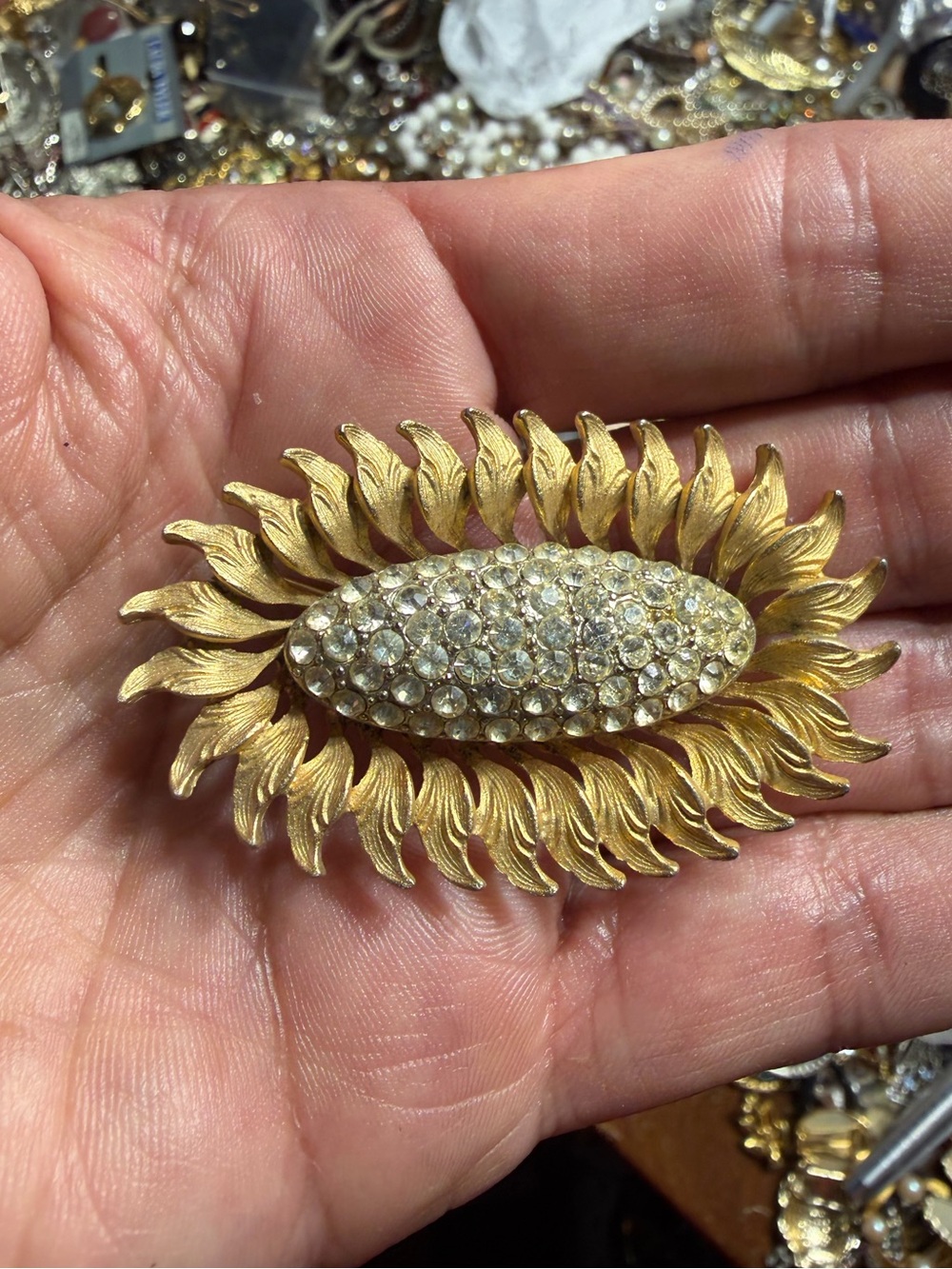 Vintage Gold-Tone Sunburst Crystal Oval Brooch